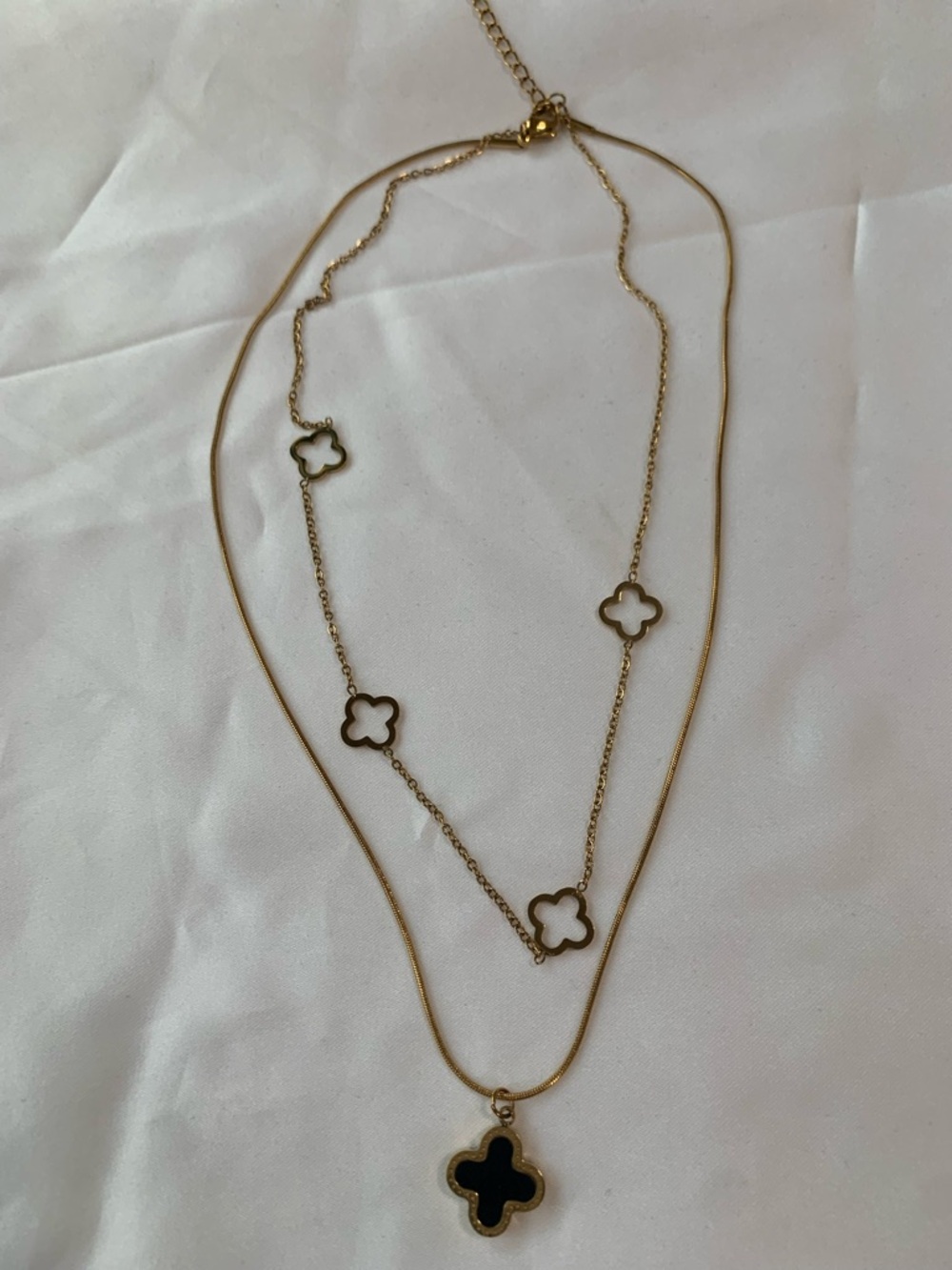 Gold Layered Clover Pendant Necklace with Black Inlay